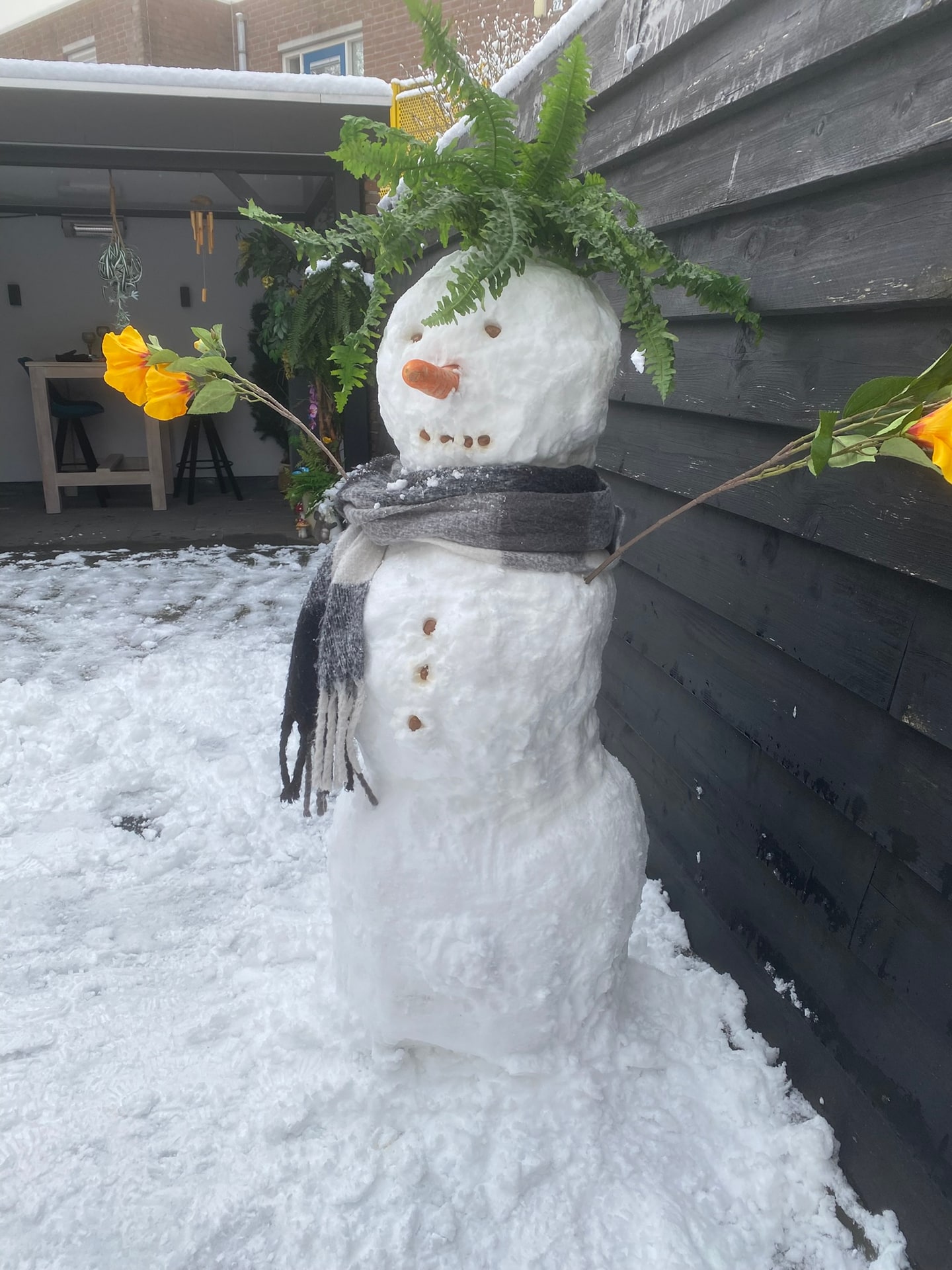 Een sneeuwpop met een varen als haardos, een grijze sjaal, een wortelneus en armen van takken met oranje bloemen, voor de donkere schutting