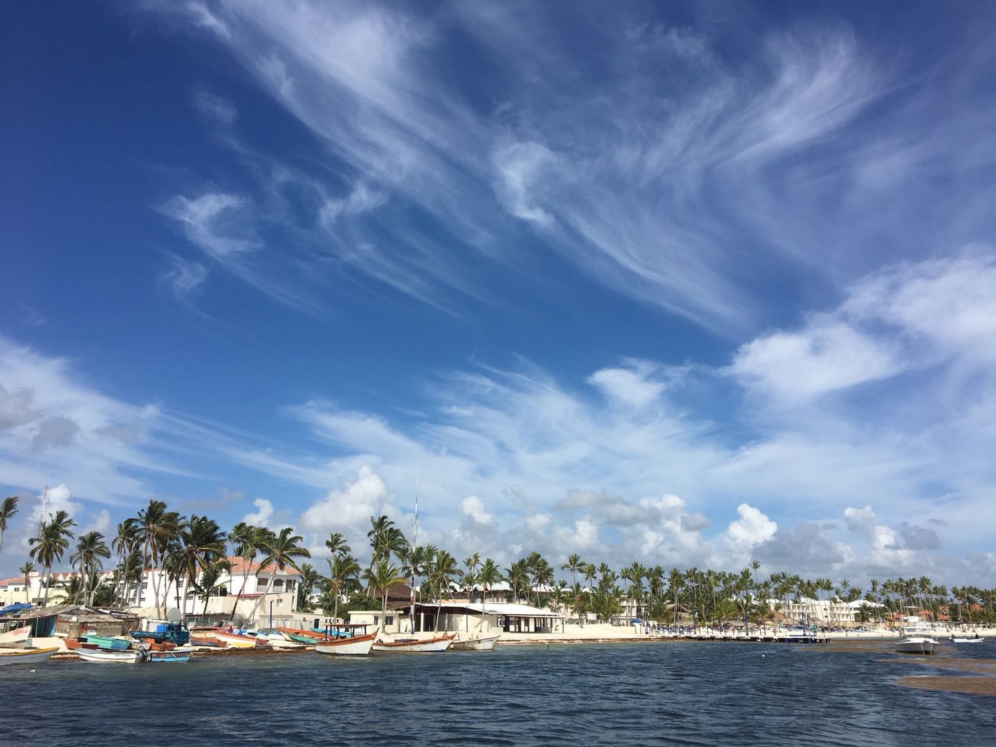 Een kust met palmbomen en lage gebouwen, onder een lucht vol uitgewaaide wolken