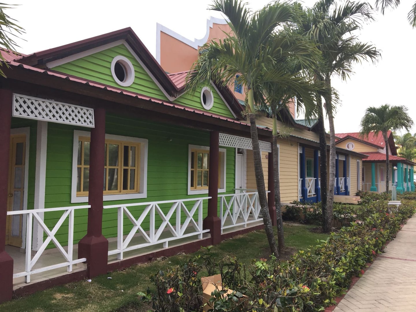 Een groen houten huis met witte omlijsting tussen de palmbomen
