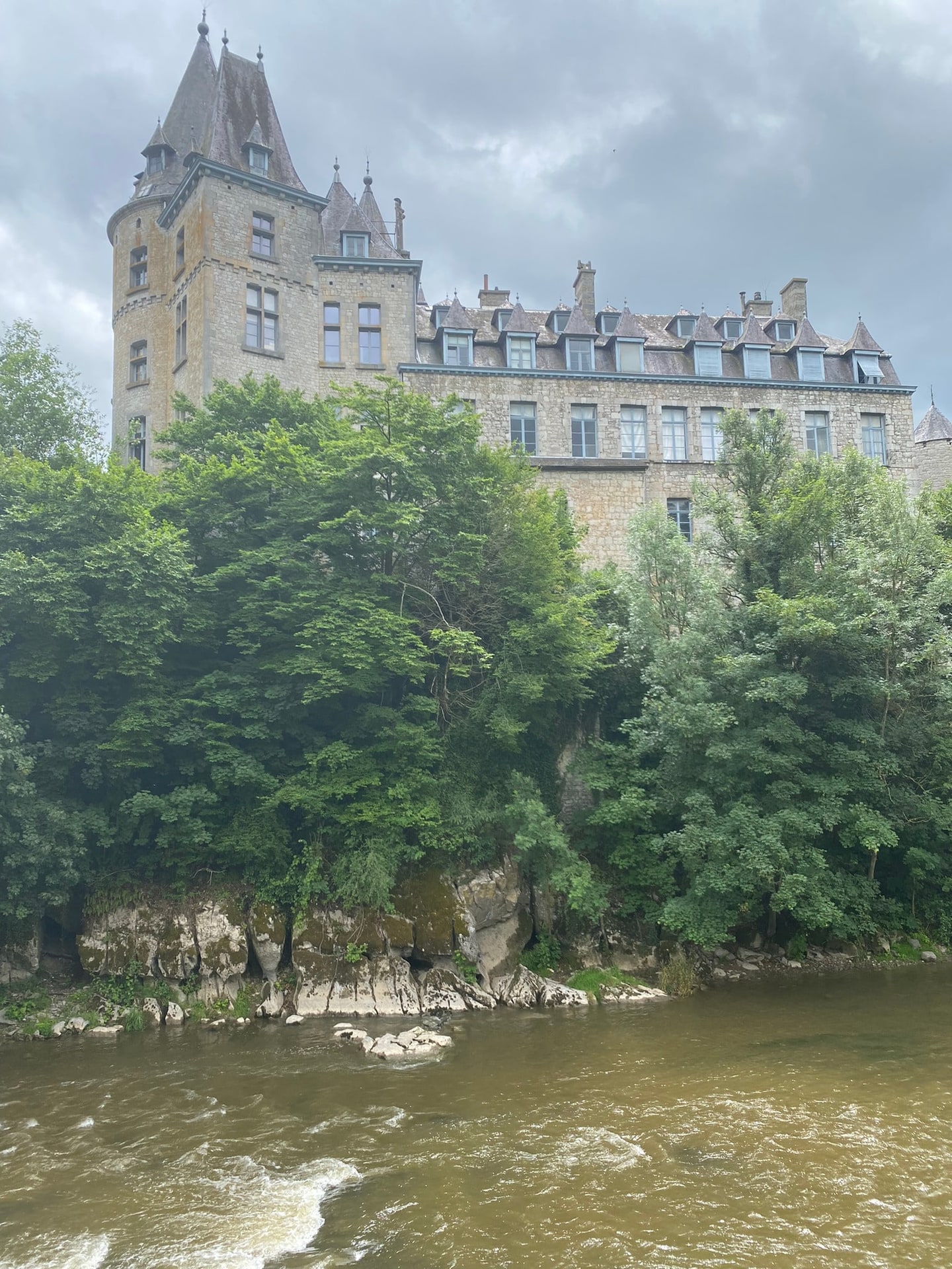 Een kasteel op een rots boven een rivier, tussen de bomen