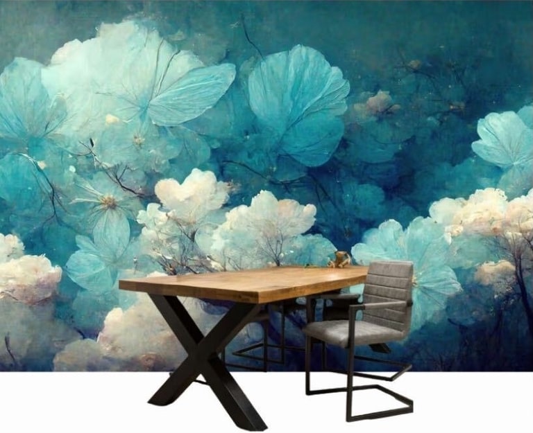 Ontwerp voor de eethoek: het turquoise bloemenbehang met de eettafel ervoor