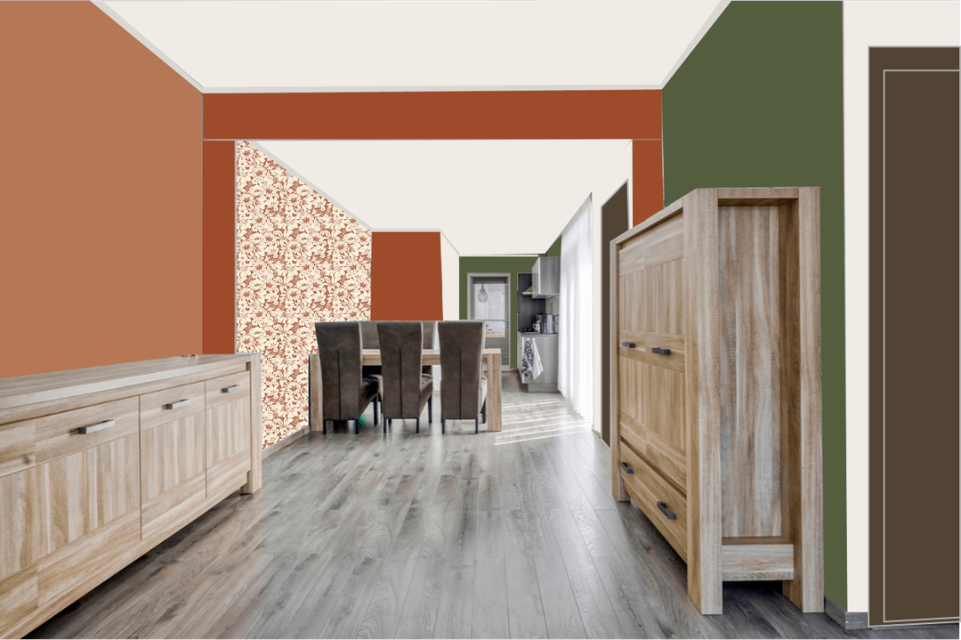 Kleurstudie met terracotta wanden, olijfgroen en bloemenbehang