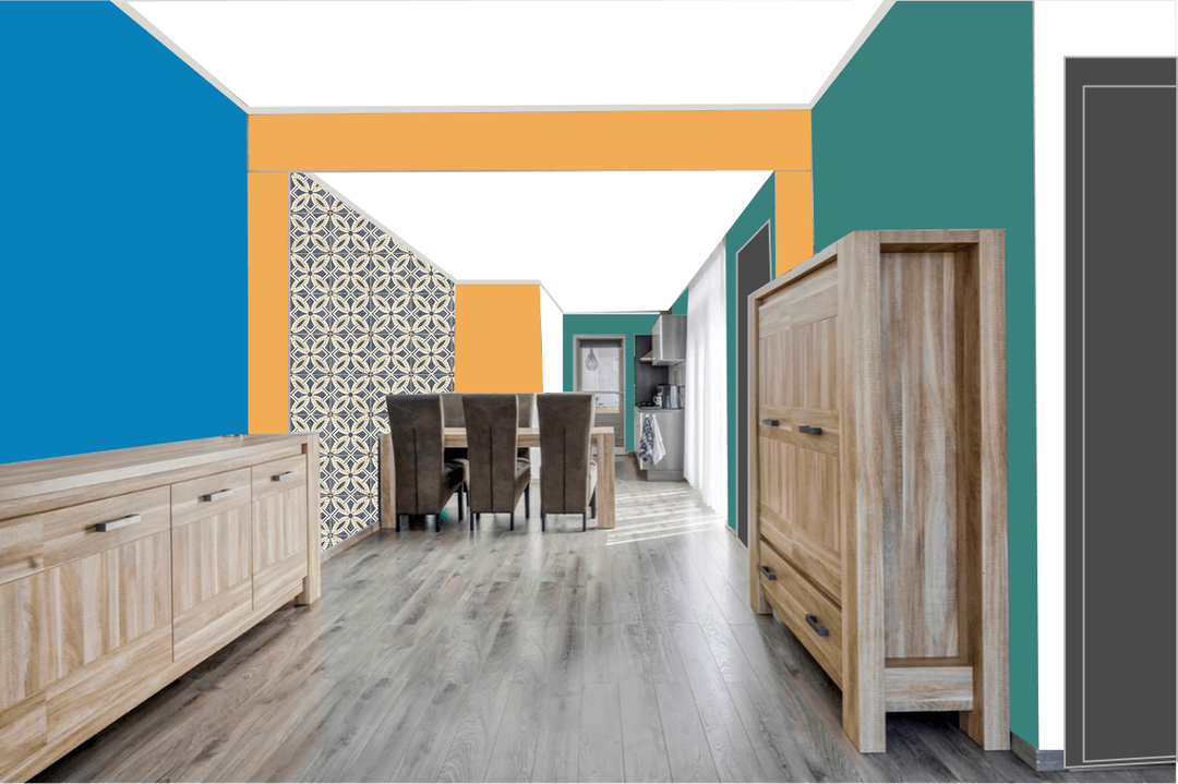 Kleurstudie met helderblauw, okergeel en groen, en een grafisch behang