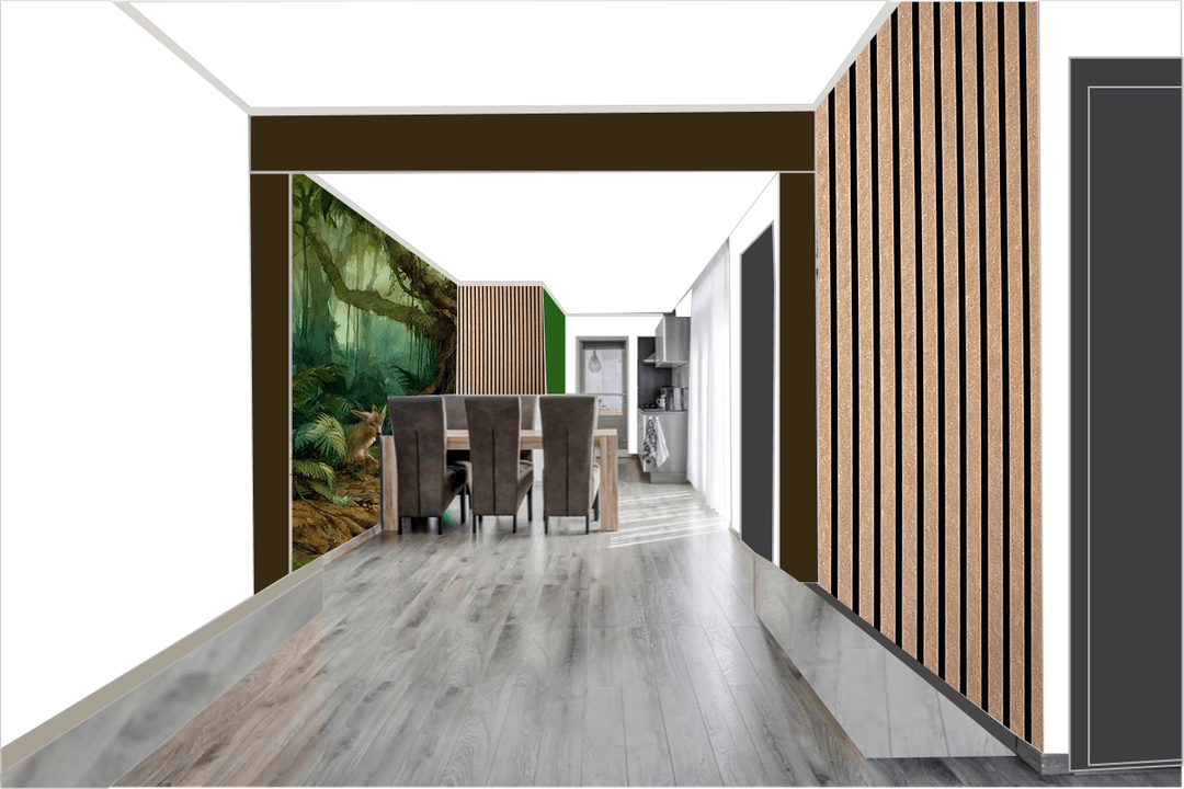 Kleurstudie met donkergroene wanden en fotobehang van een bos