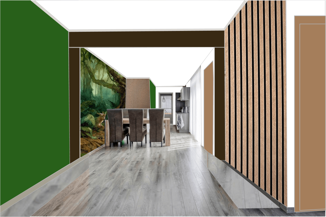 Kleurstudie met dieper groen, houten latten en een jungle-fotobehang