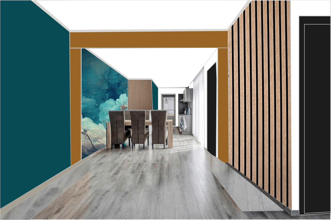 Kleurstudie met petrolblauwe wanden, okergeel en een turquoise bloemenbehang