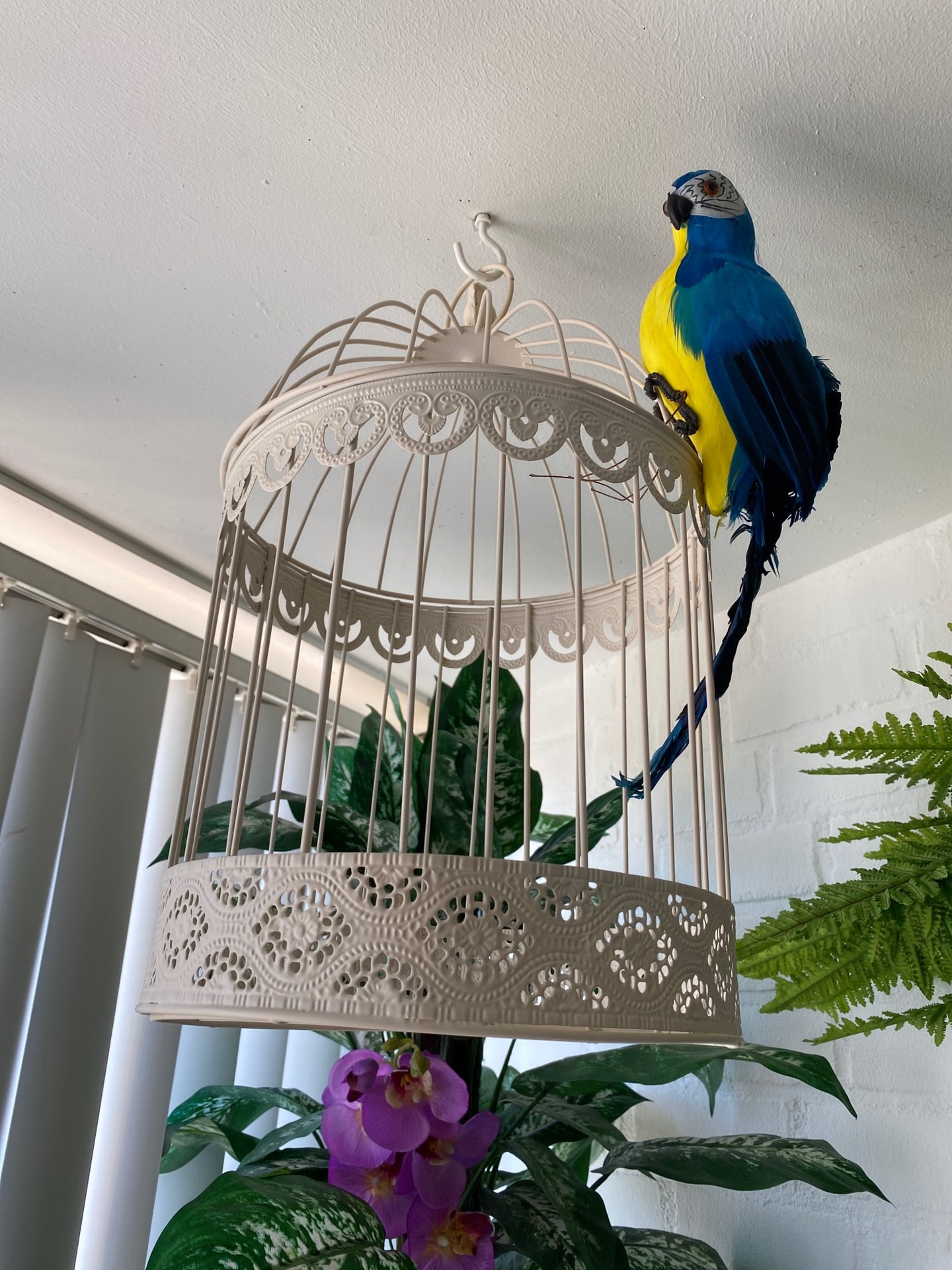 Een decoratieve witte vogelkooi met een namaak blauw-gele ara erbovenop, tussen varens en een paarse orchidee
