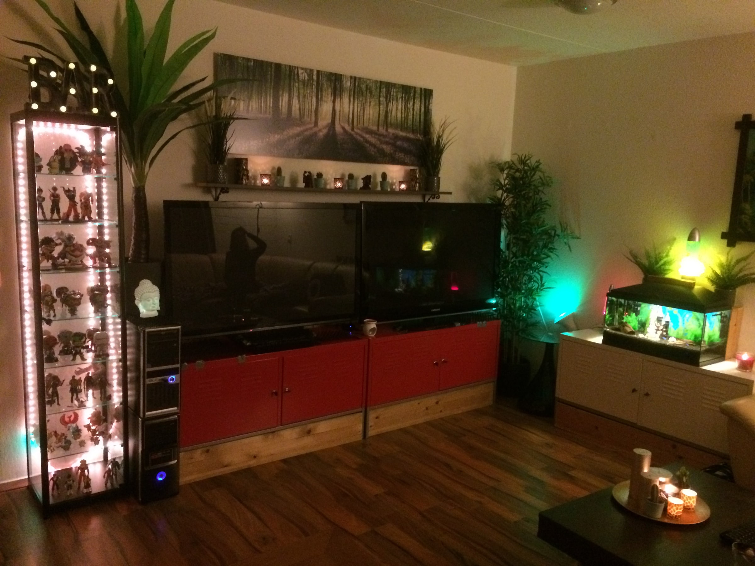 Dezelfde huiskamer vanuit een andere hoek, nog met weinig kleur en groen