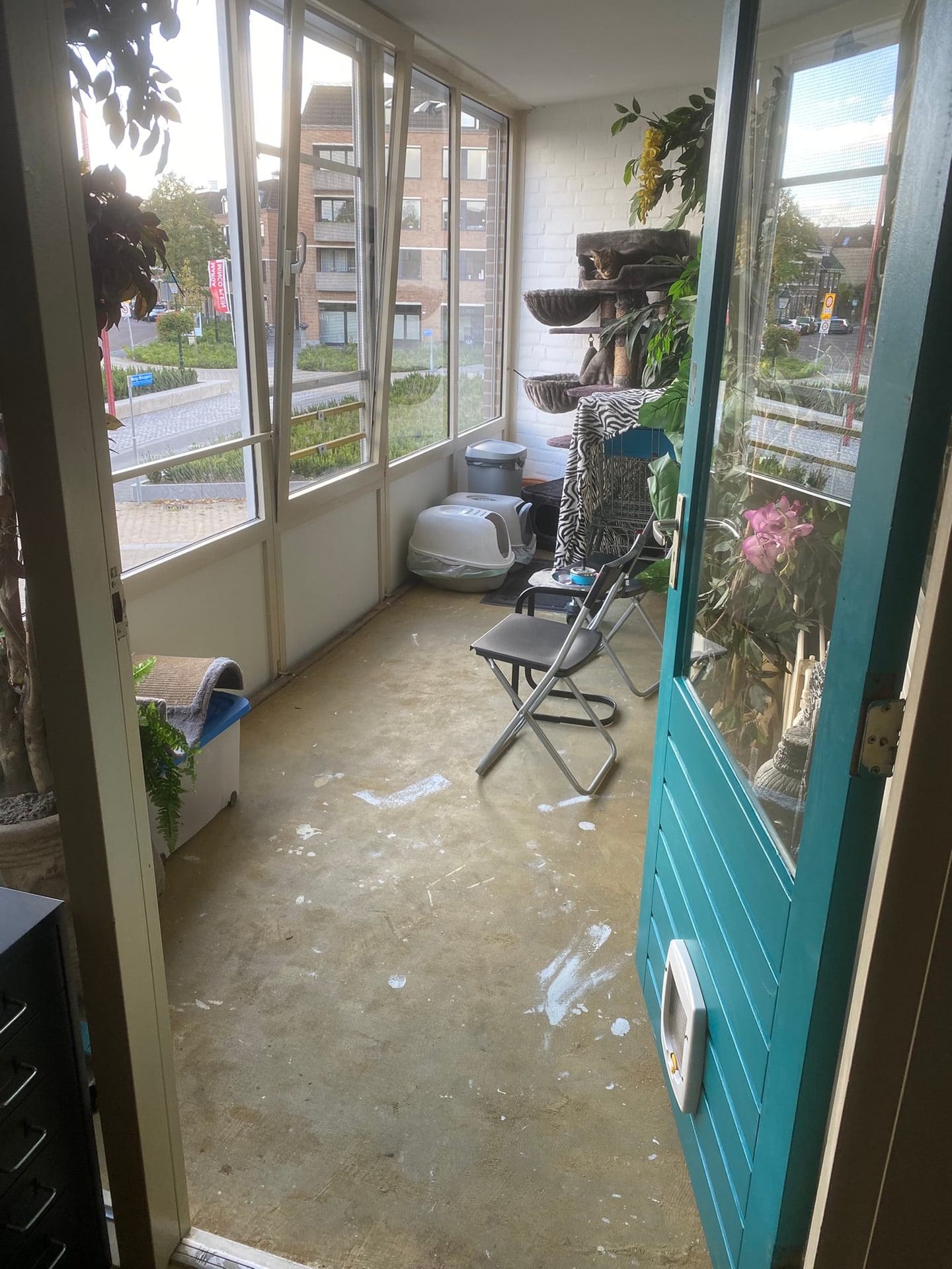 De serre helemaal aan het begin, met een kale vloer en nog geen planten