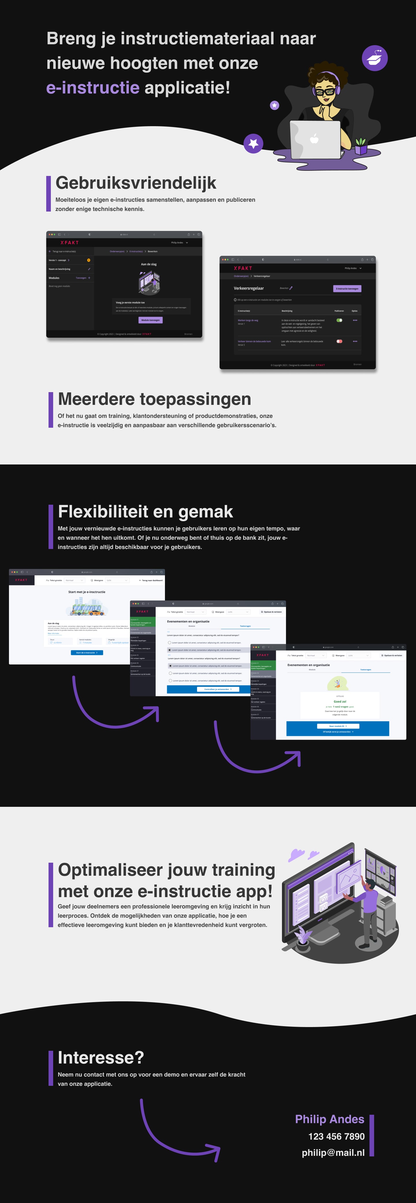 Promotieflyer voor de e-instructieapplicatie met schermafbeeldingen van de builder en de leeromgeving