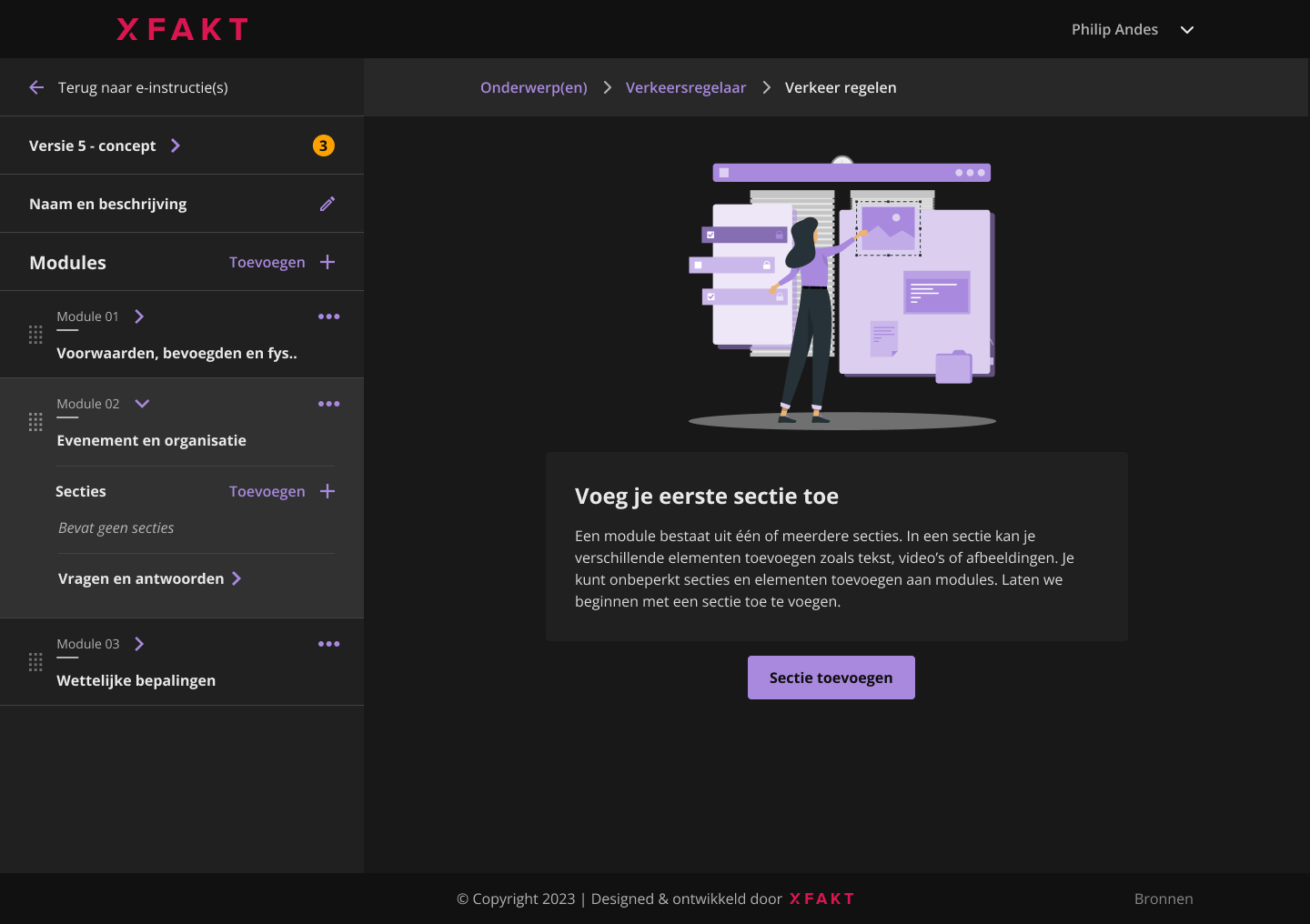 Lege staat van een module met uitleg over secties en mogelijke contenttypen