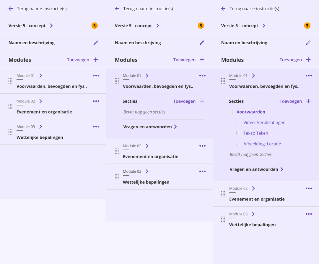 Drie standen van het zijmenu: modules, een geopende module met secties en een geopende sectie met losse elementen