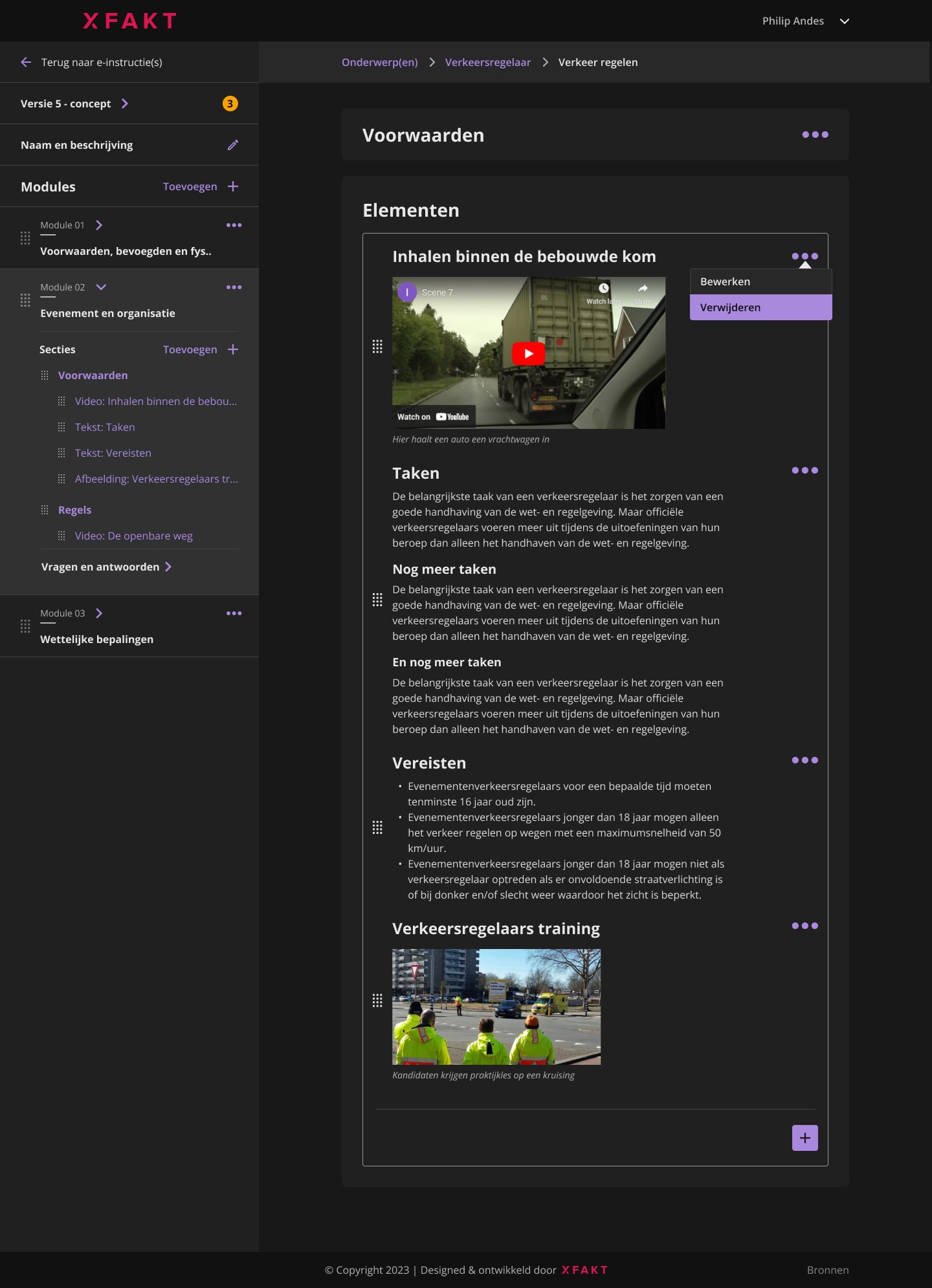 De contenteditor met links de hiërarchie van modules en secties en rechts de losse elementen die verplaatst, bewerkt of verwijderd kunnen worden