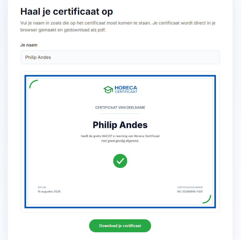 Het gepersonaliseerde certificaat dat na afronding gedownload kan worden
