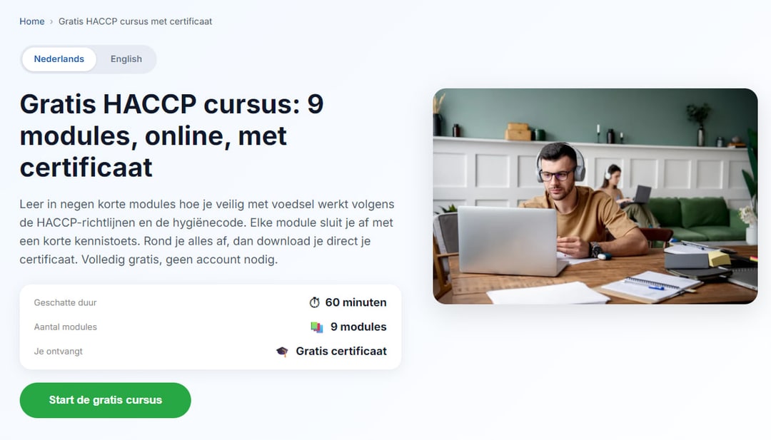 Startscherm van de cursus met negen modules, taalkeuze, geschatte duur en het certificaat