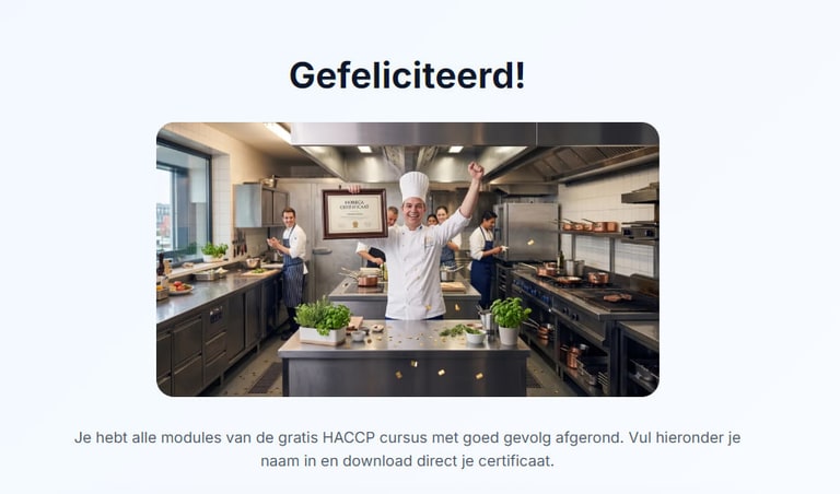 Afsluitend scherm na de negen modules, met de uitnodiging om een naam in te vullen en het certificaat te downloaden