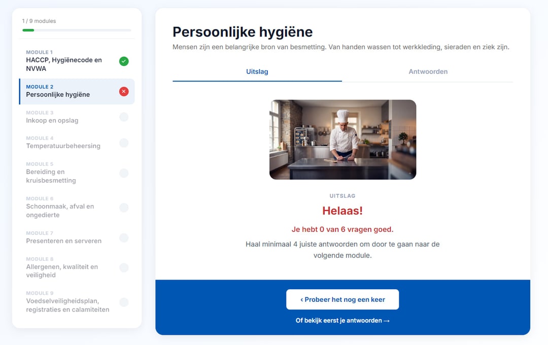 Uitslagscherm met te weinig goede antwoorden, de vermelding hoeveel er nodig zijn en een knop om het opnieuw te proberen