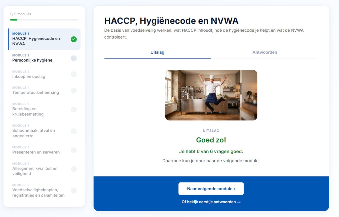 Uitslagscherm met zes van de zes vragen goed en een knop naar de volgende module