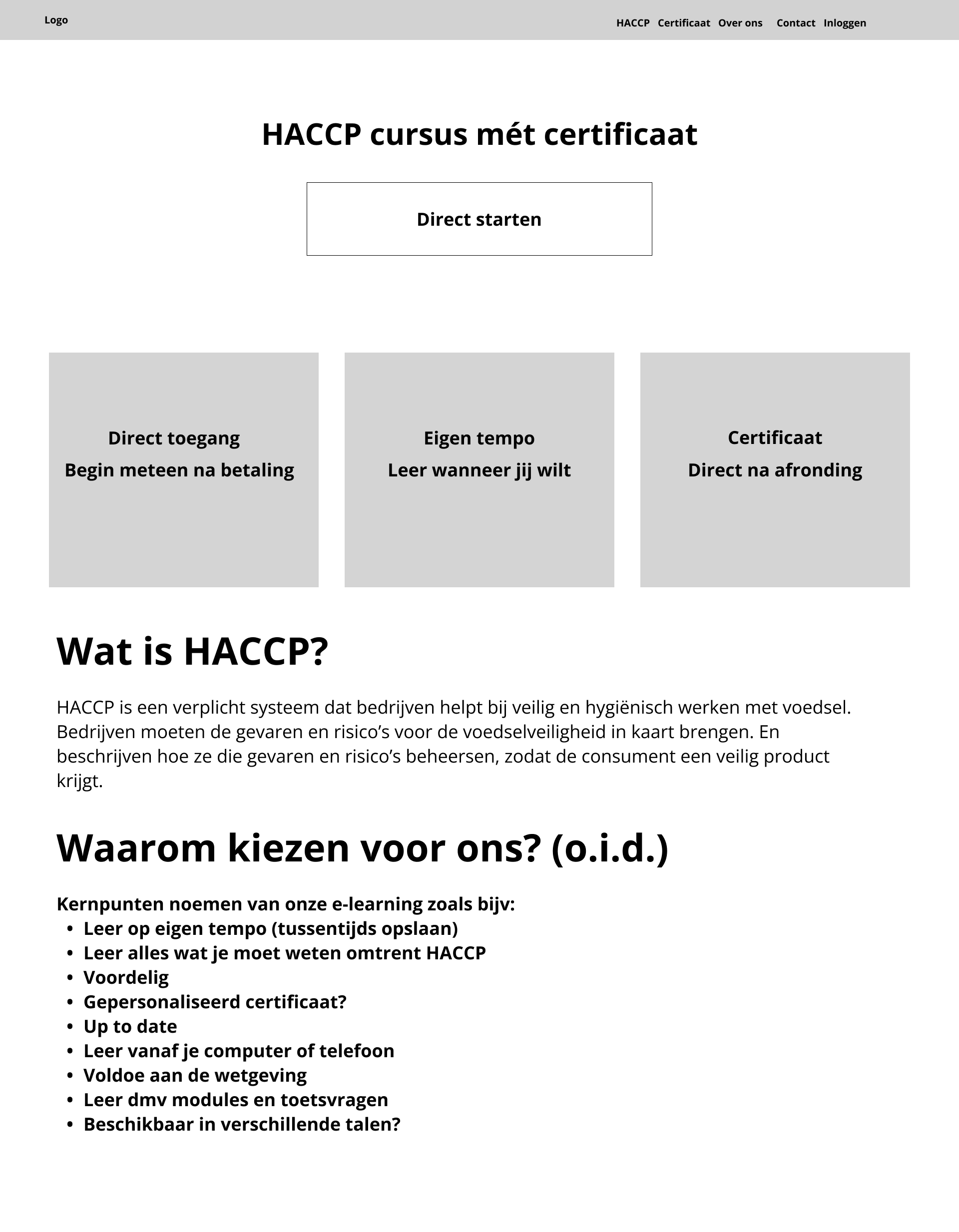 Het eerste wireframe van Horeca Certificaat in Figma, gemaakt na onderzoek naar bestaande websites en e-learningproducten