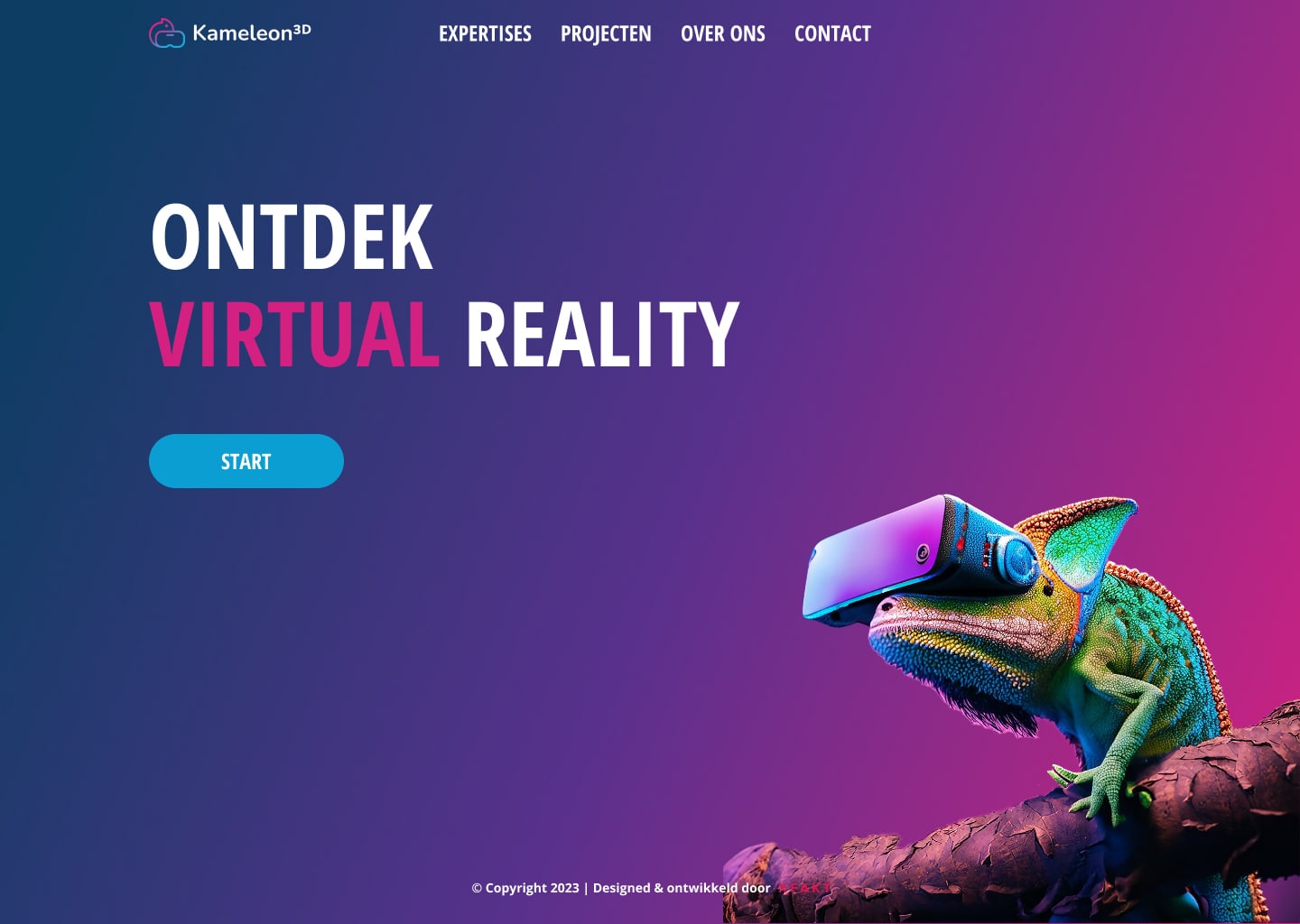 De landingspagina van Kameleon3D met een kleurrijke kameleon en de uitnodiging om virtual reality te ontdekken