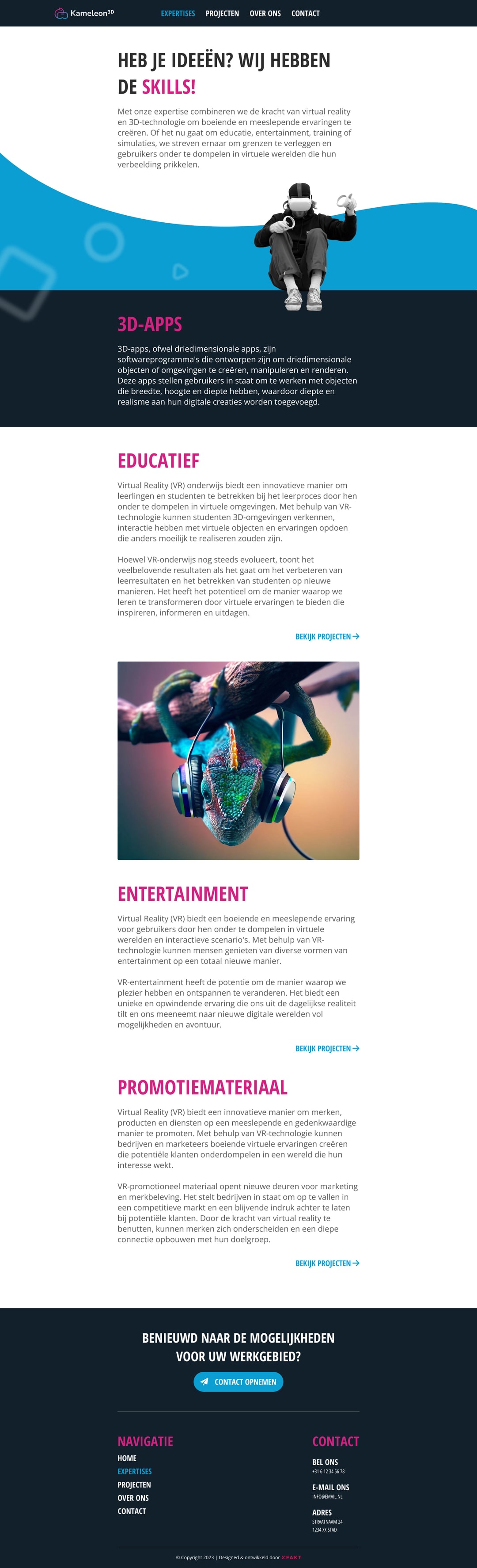 De expertisepagina op bureaubladformaat, met de kop over ideeën en skills, een golvend blauw vlak en de blokken over 3D-apps, educatief, entertainment en promotiemateriaal