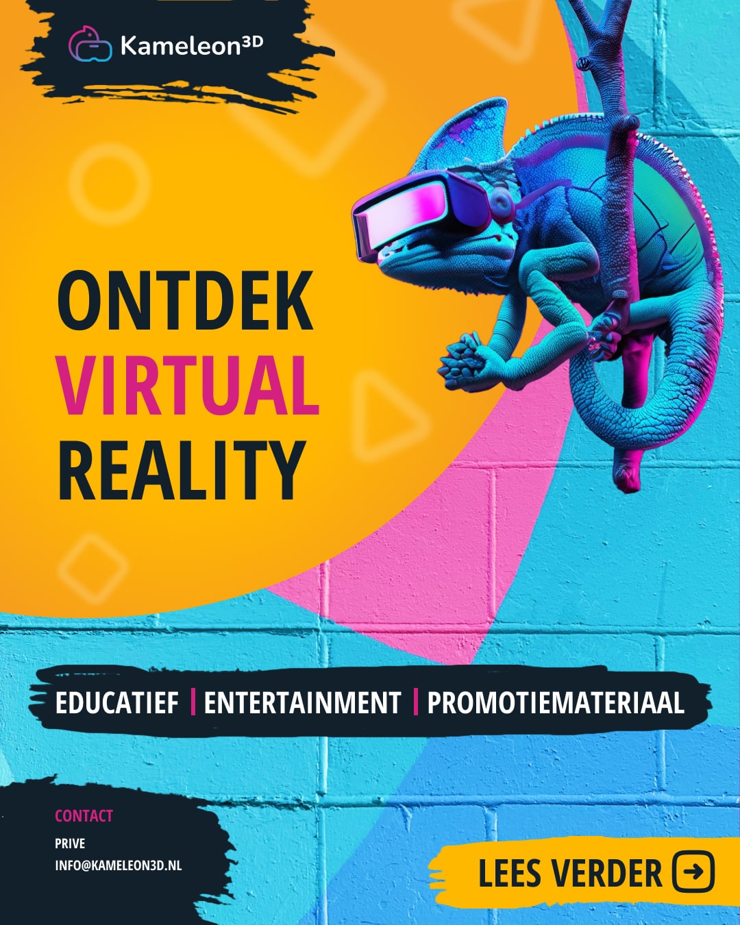 Voorzijde van het eerste flyerontwerp, met de kameleon met VR-bril op een beschilderde muur