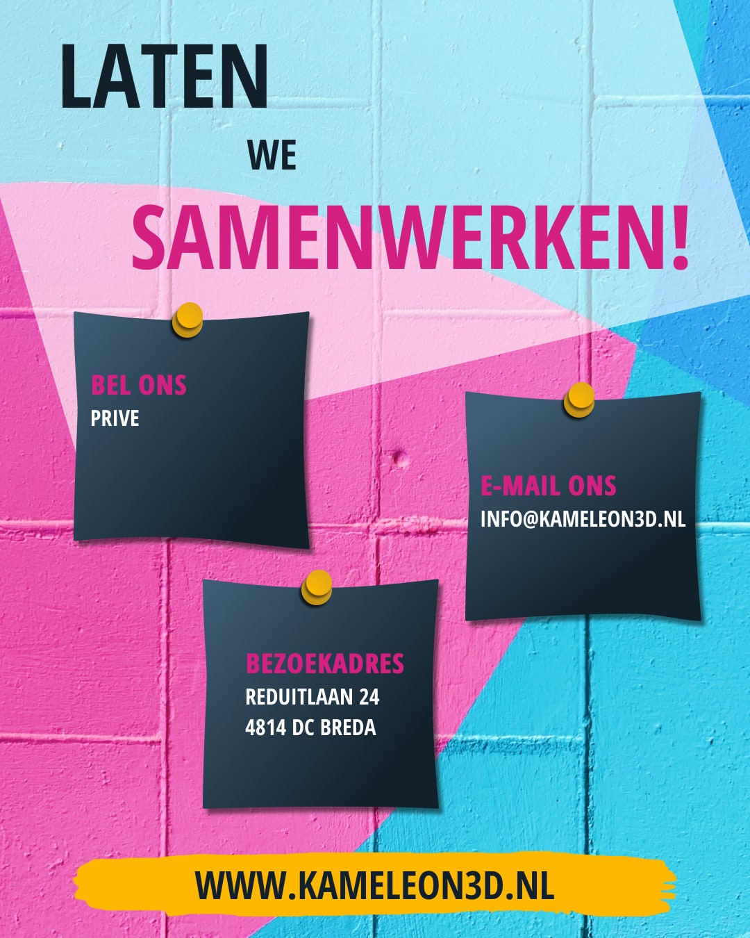 De contactpagina met adres en e-mailadres op briefjes tegen de muur