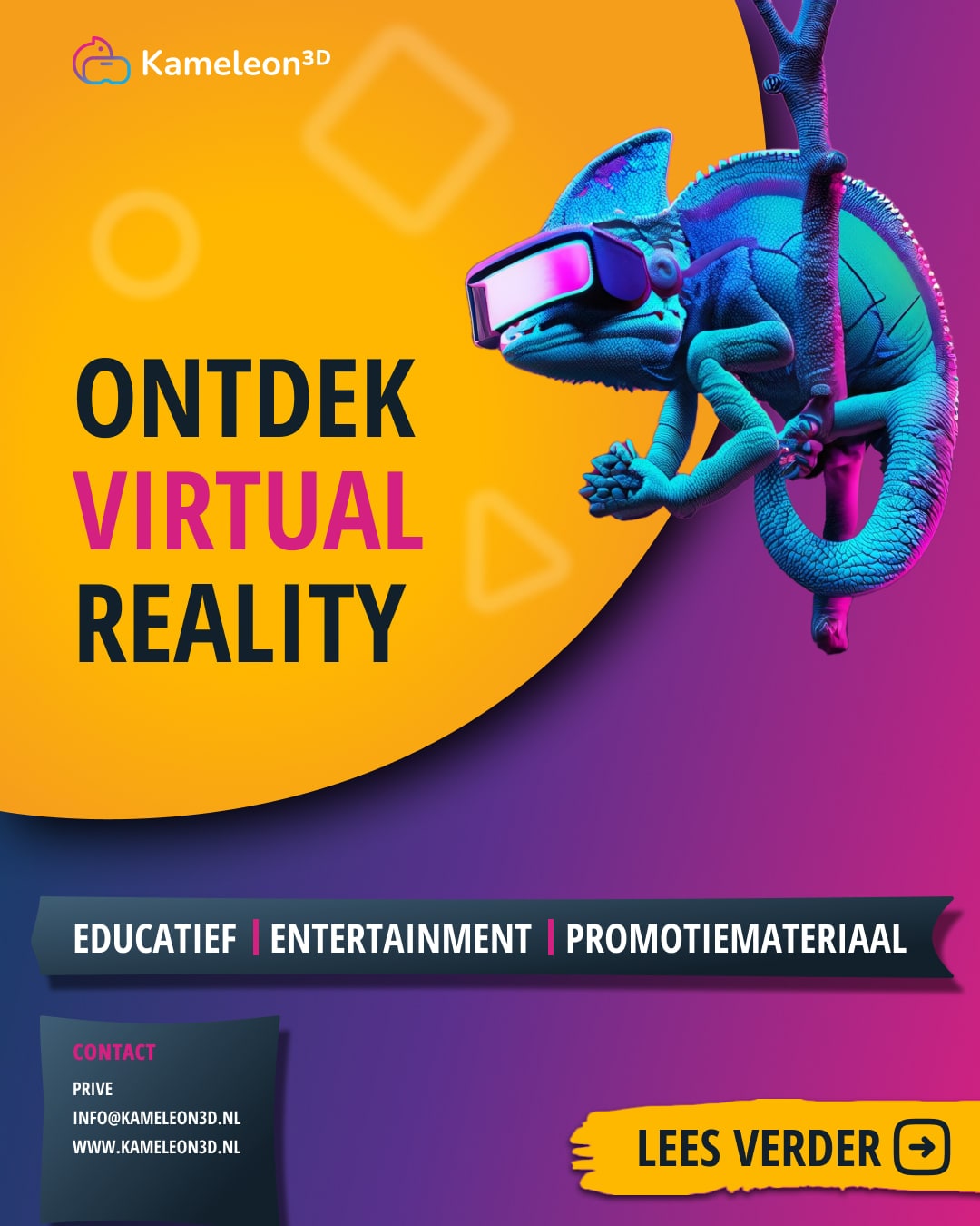 Voorzijde van het tweede flyerontwerp, met dezelfde kameleon op een paars-oranje verloop