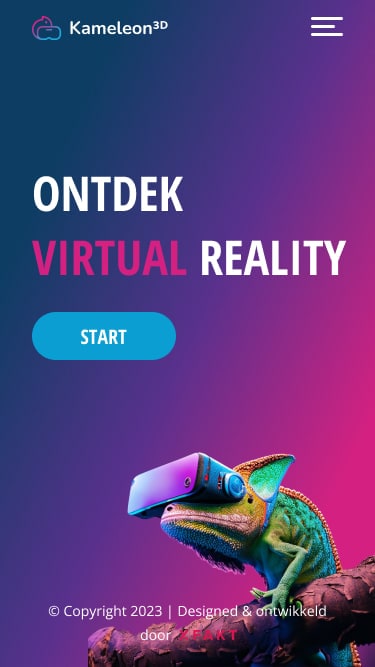 Dezelfde landingspagina op telefoonformaat, met een hamburgermenu en de kameleon onder de kop