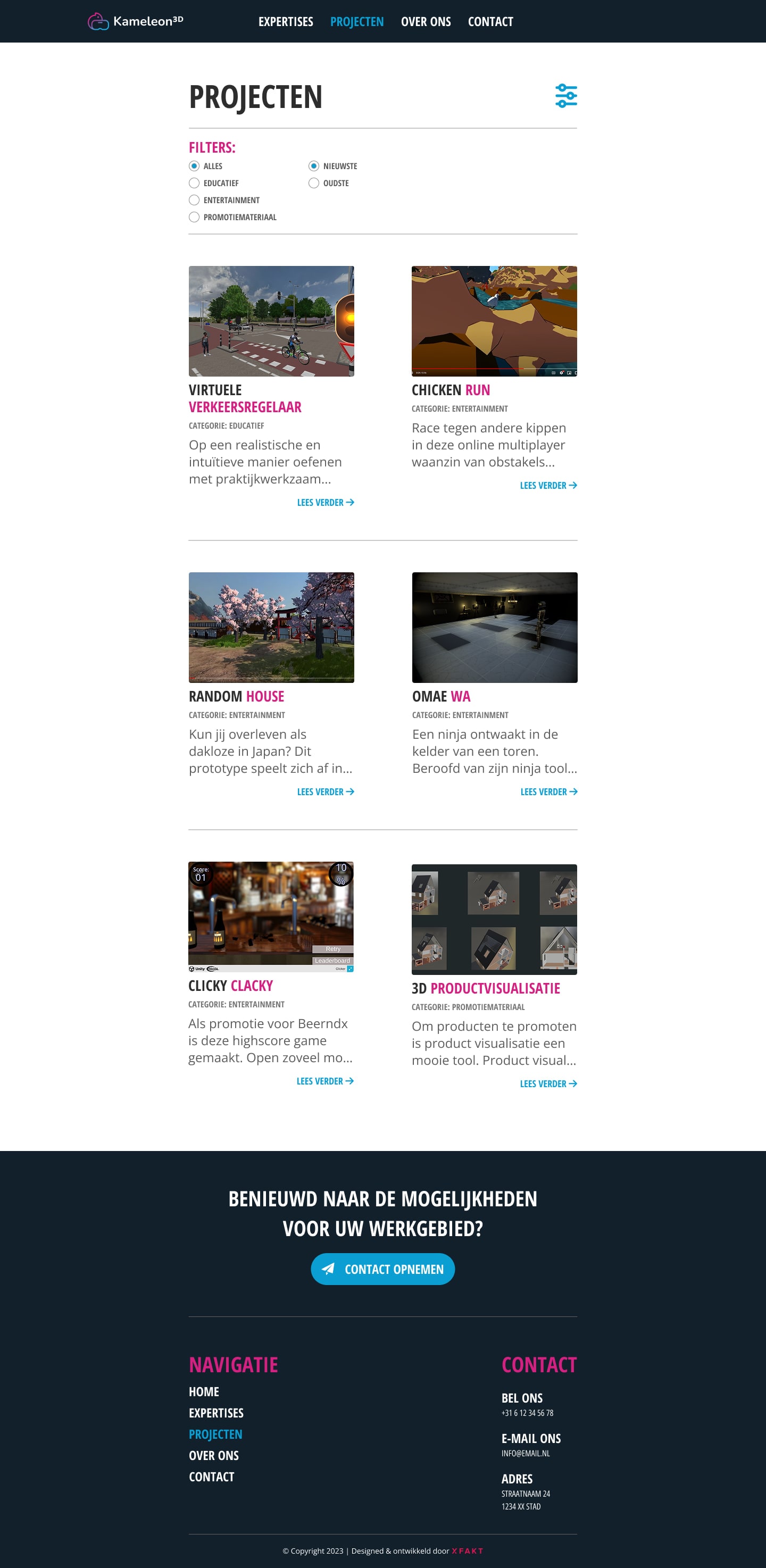 Het projectenoverzicht op bureaubladformaat, met filters op categorie en een raster van projectkaarten