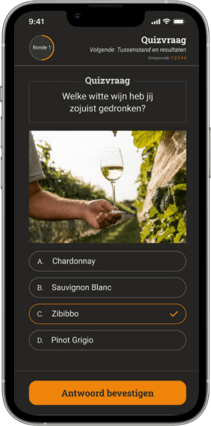 Quizvraag met een foto van een wijnglas en vier antwoordopties