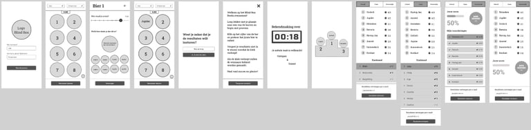 Rij wireframes van de Blind Beer-schermen, van het startscherm tot de eindstand