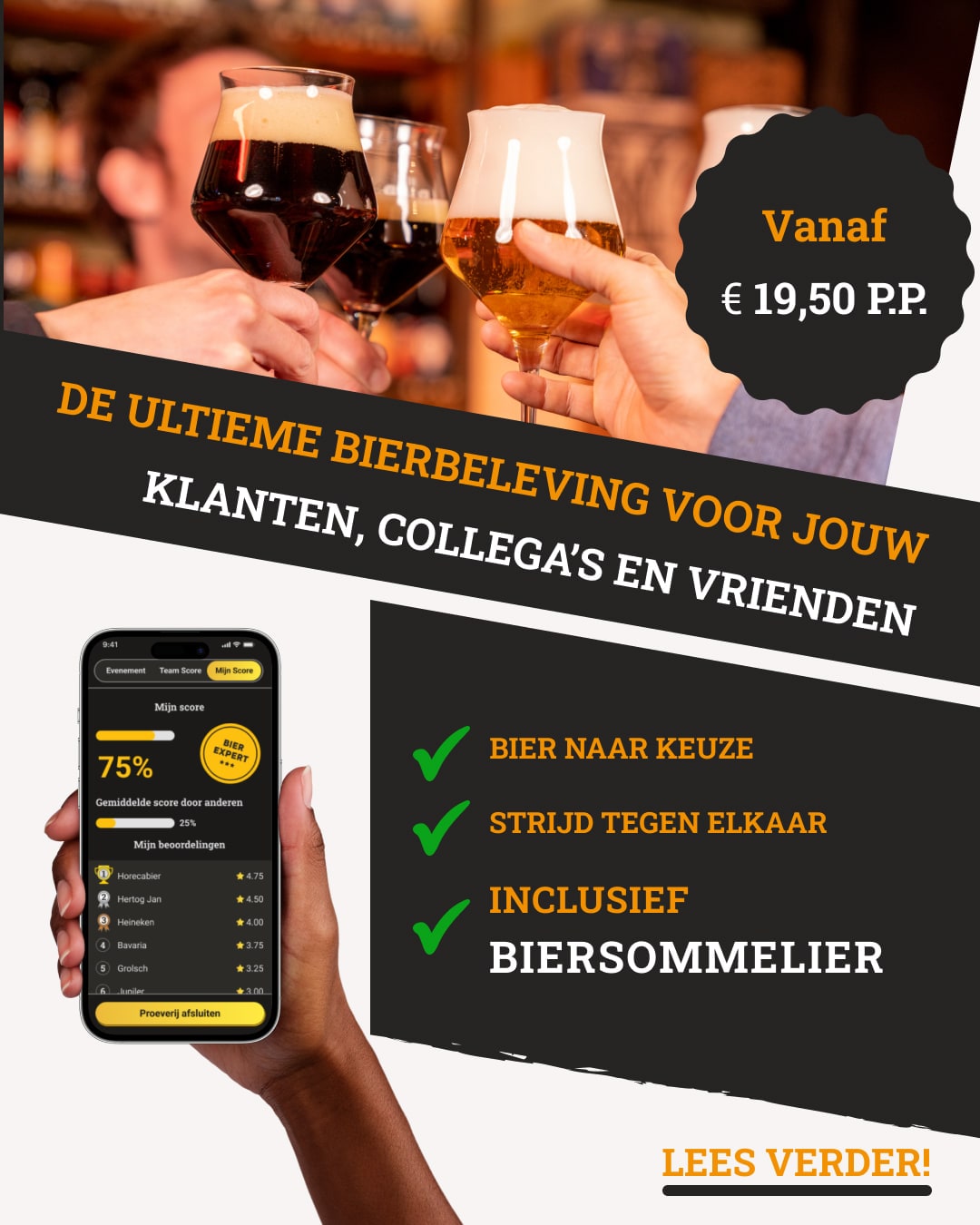 Promotieflyer voor de bierbeleving, met proostende glazen en een telefoon die de eigen score toont
