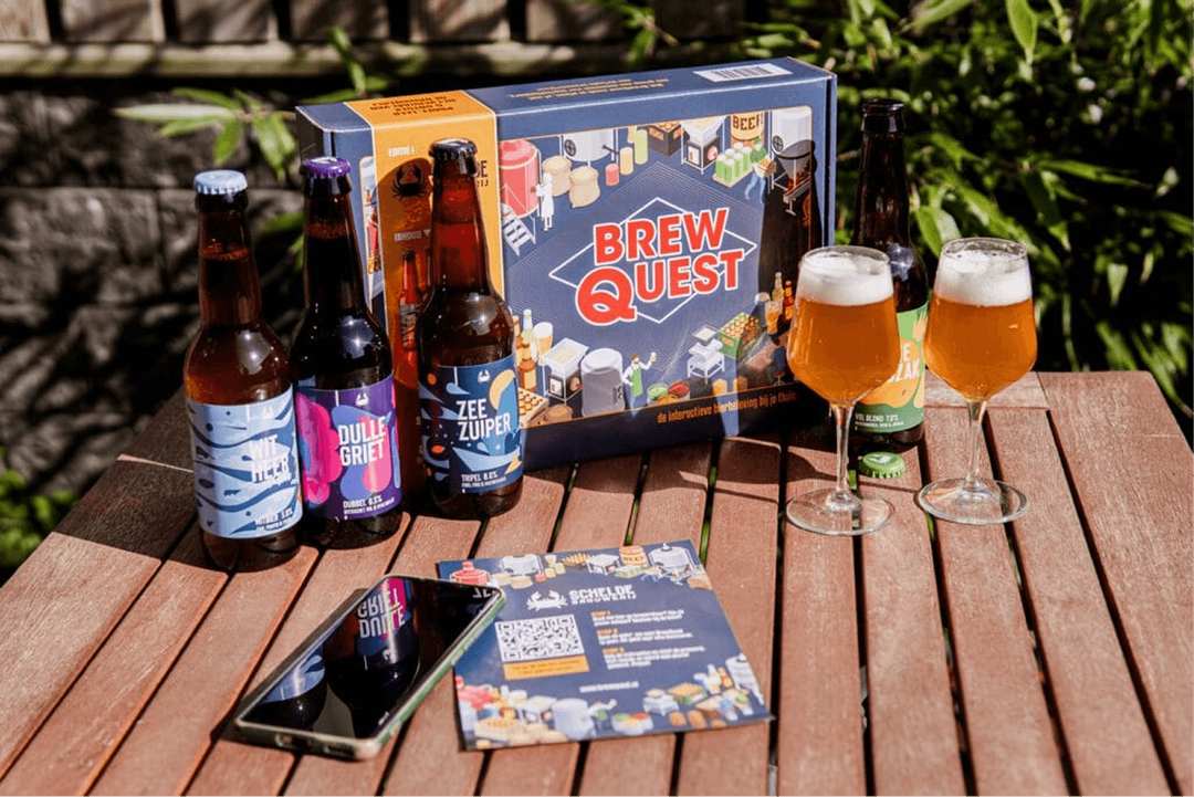 Brew Quest met flesjes, verpakking en de bijbehorende app