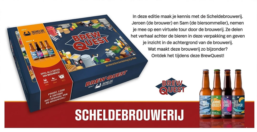 De Brew Quest-editie van een brouwerij: de doos met vier flesjes en de uitleg over de virtuele rondleiding