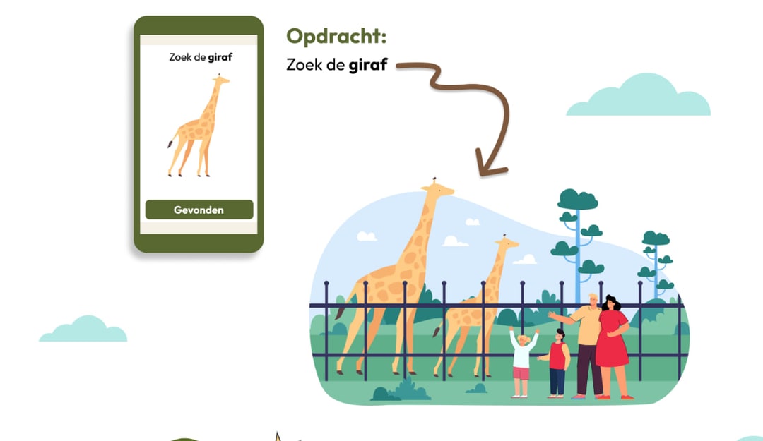 Uitsnede uit het Questigo-concept: een telefoon met de opdracht "Zoek de giraf" naast een dierentuintafereel met bezoekers