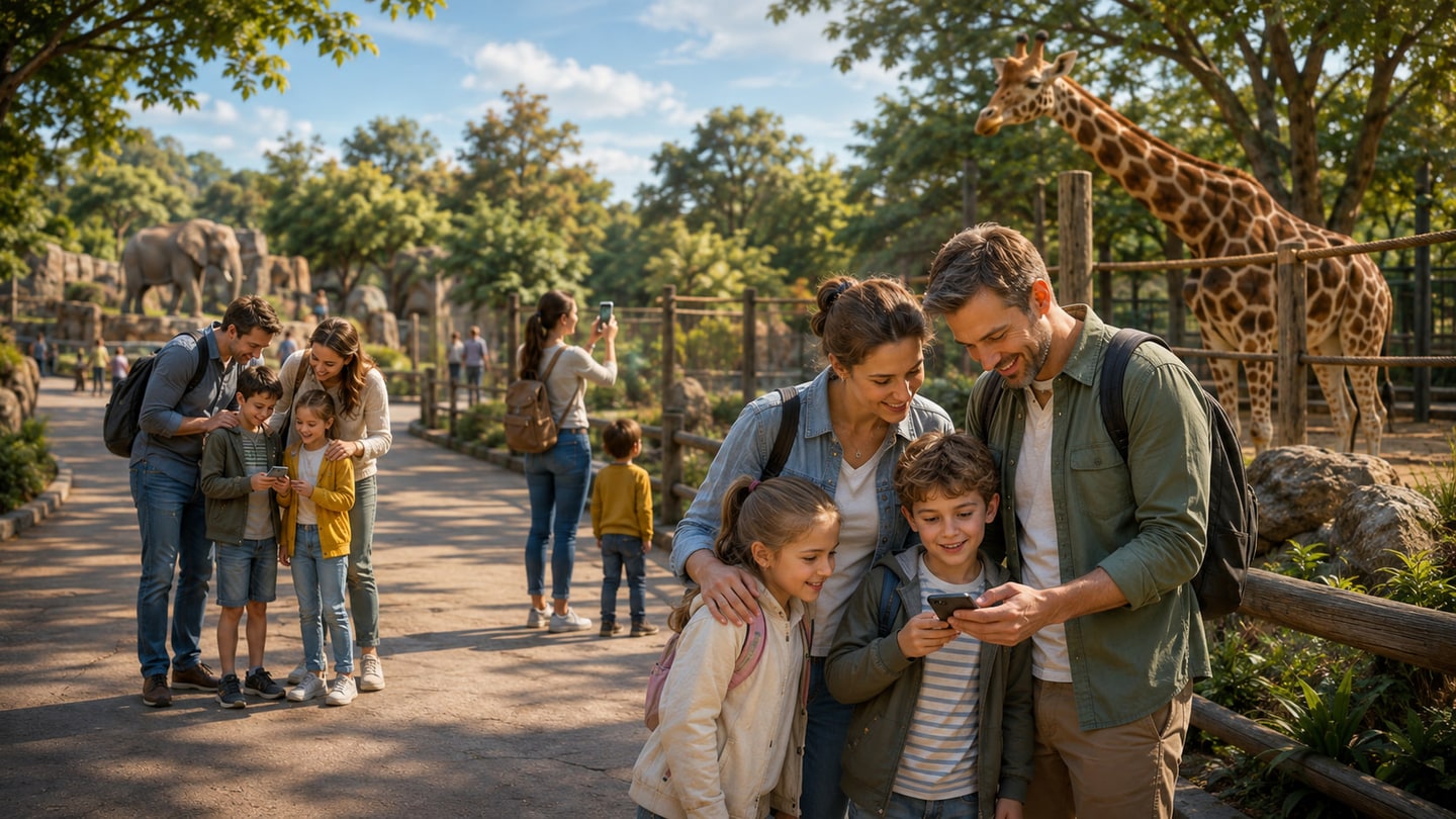 Conceptbeeld van twee gezinnen die tijdens een dierentuinbezoek samen een interactieve opdracht op een telefoon uitvoeren