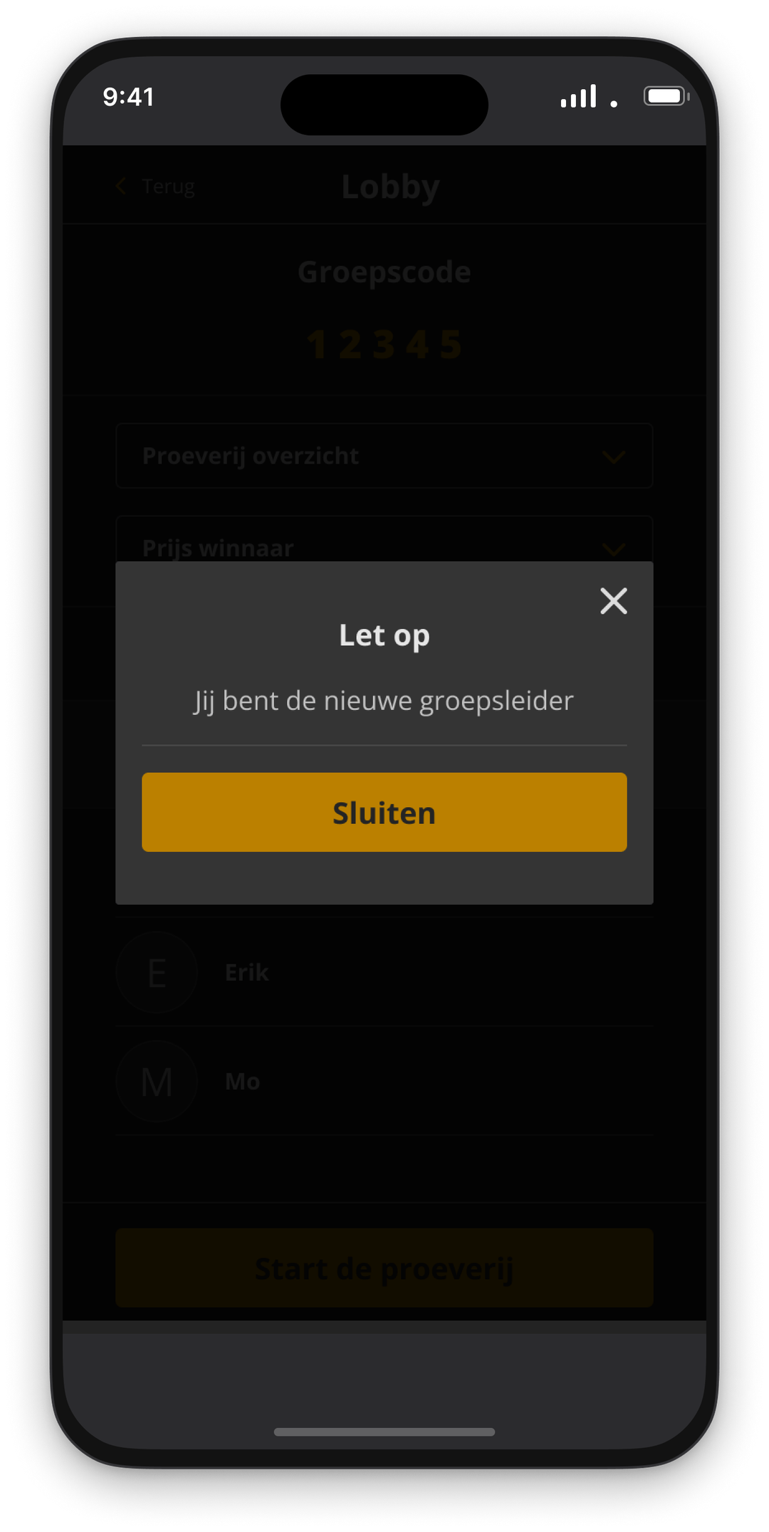Het scherm van die deelnemer zelf, met een venster dat meldt dat hij de nieuwe groepsleider is