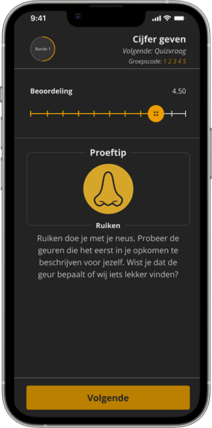 Scherm waarin je een product een cijfer geeft, met daaronder een proeftip over ruiken