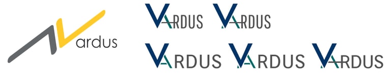 Het bestaande Vardus-logo naast vijf varianten van een alternatief woordmerk waarin de V het beeldmerk vormt
