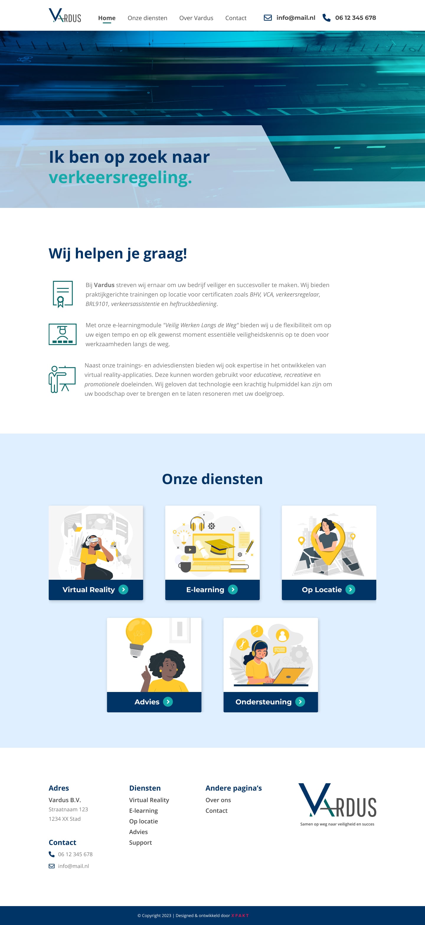 Voorstel voor een alternatieve Vardus-homepage in diepblauw en teal, met een banner over verkeersregeling, dienstenkaarten en het nieuwe woordmerk