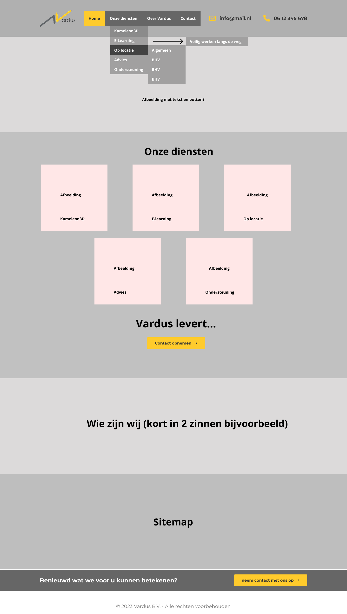 Vroege wireframe van de Vardus-landingspagina, waarin de structuur wordt bepaald voordat de visuele uitwerking begint